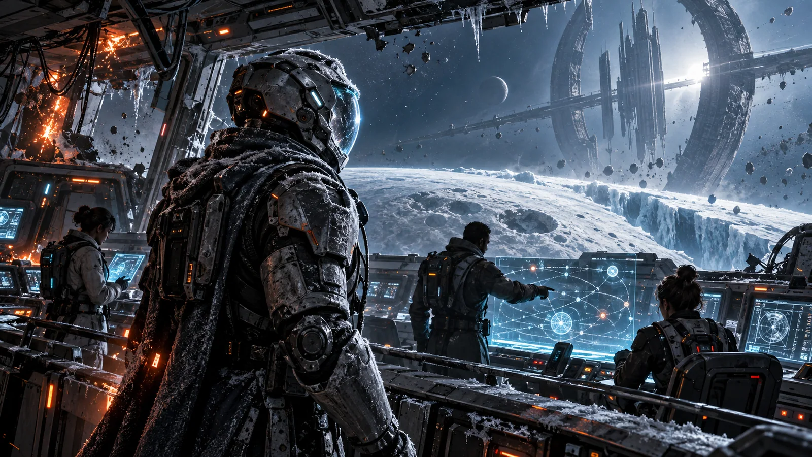 A frost-armored pilot and crew study star routes from a damaged ship above an ice moon.
