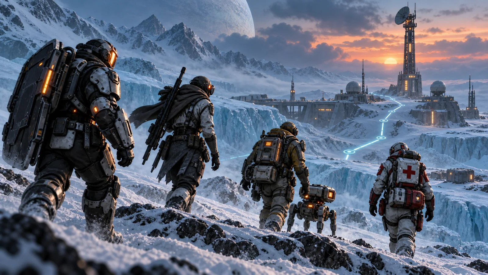 A small armored squad advances across an ice world toward a damaged outpost.