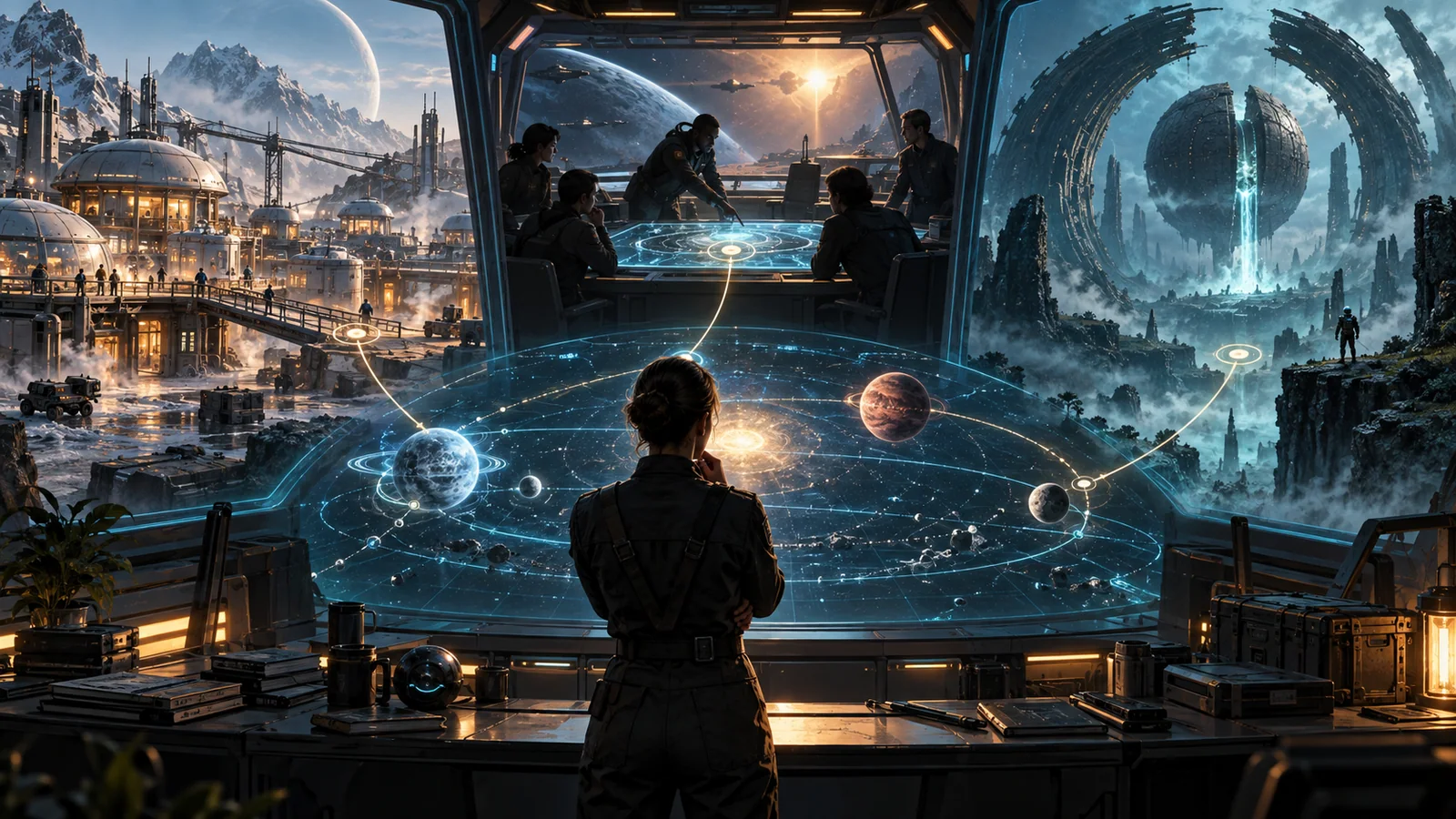 A layered science-fiction settlement connects technology, habitats, factions, and player choices.