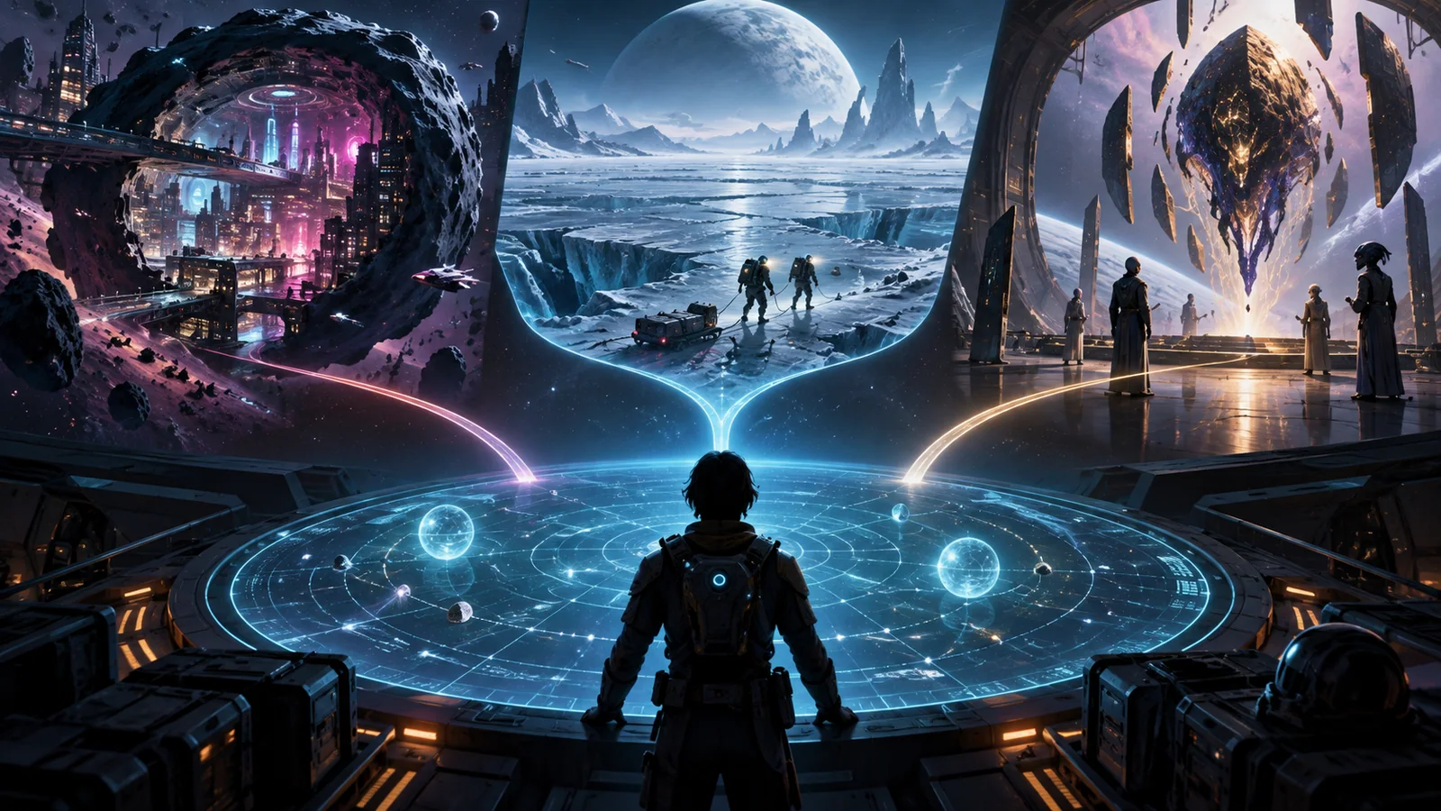 Three original science-fiction worlds appear as contrasting portals around one traveler.
