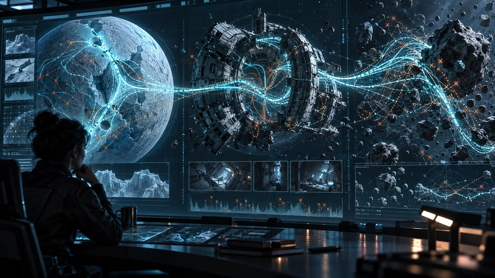 Hundreds of glowing spacecraft routes converge into a mission telemetry display.