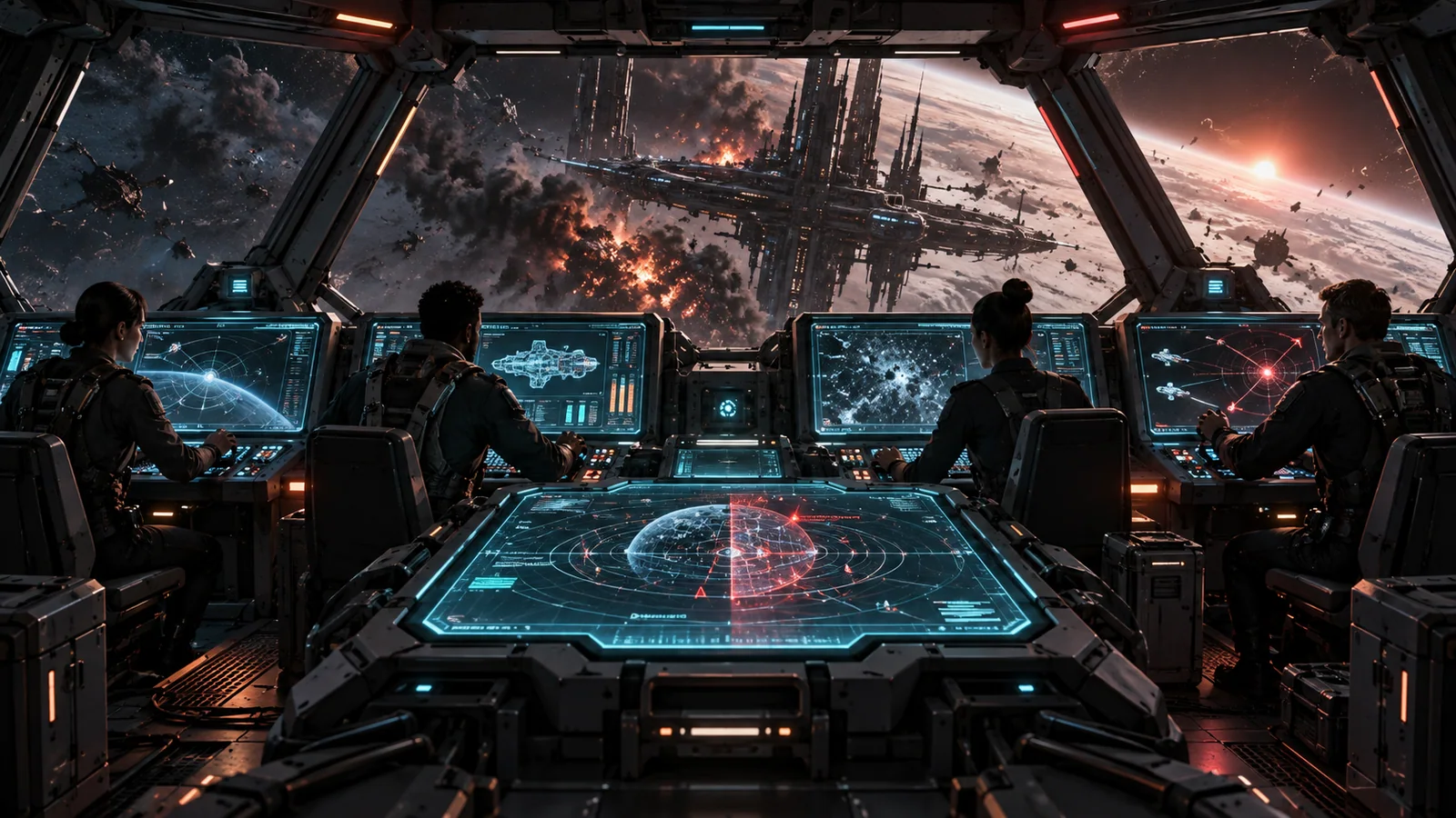 Four specialists work separate stations on a starship bridge during a crisis.